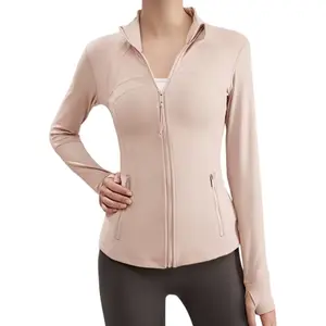 Women’s stand-collar yoga jacket, slim fit that flatters figure, waist-cinching cut, quick-drying breathable fabric, high stretch, zip closure, long sleeves—ideal for sports, running, and fitness.
