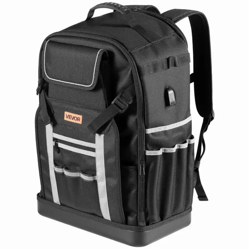 56 Pockets for Organization: This tool backpack (14.96 x 9.05 x 21.49 inches) holds up to 100 lbs and features 56 pockets, including a removable divider. Ideal for wrenches, drills, and more! Plus, it has a combination lock and charging port