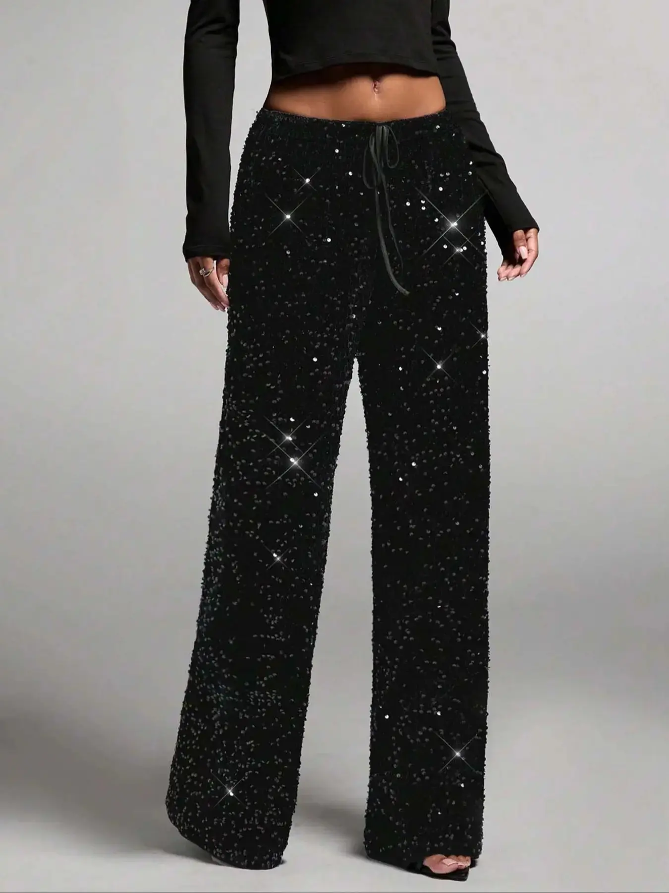 Women's Fashion Elastic Waist Bow Sequins Trousers Casual Stylish High Waist Slim Fit Dress Pants for Daily Wear Party Outfit