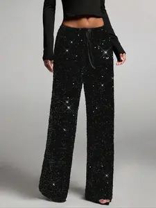 ELI Women's Fashion Pants with Elastic Waistband, Bow Design, Sequins Detailing, Stylish Trousers for Casual Wear