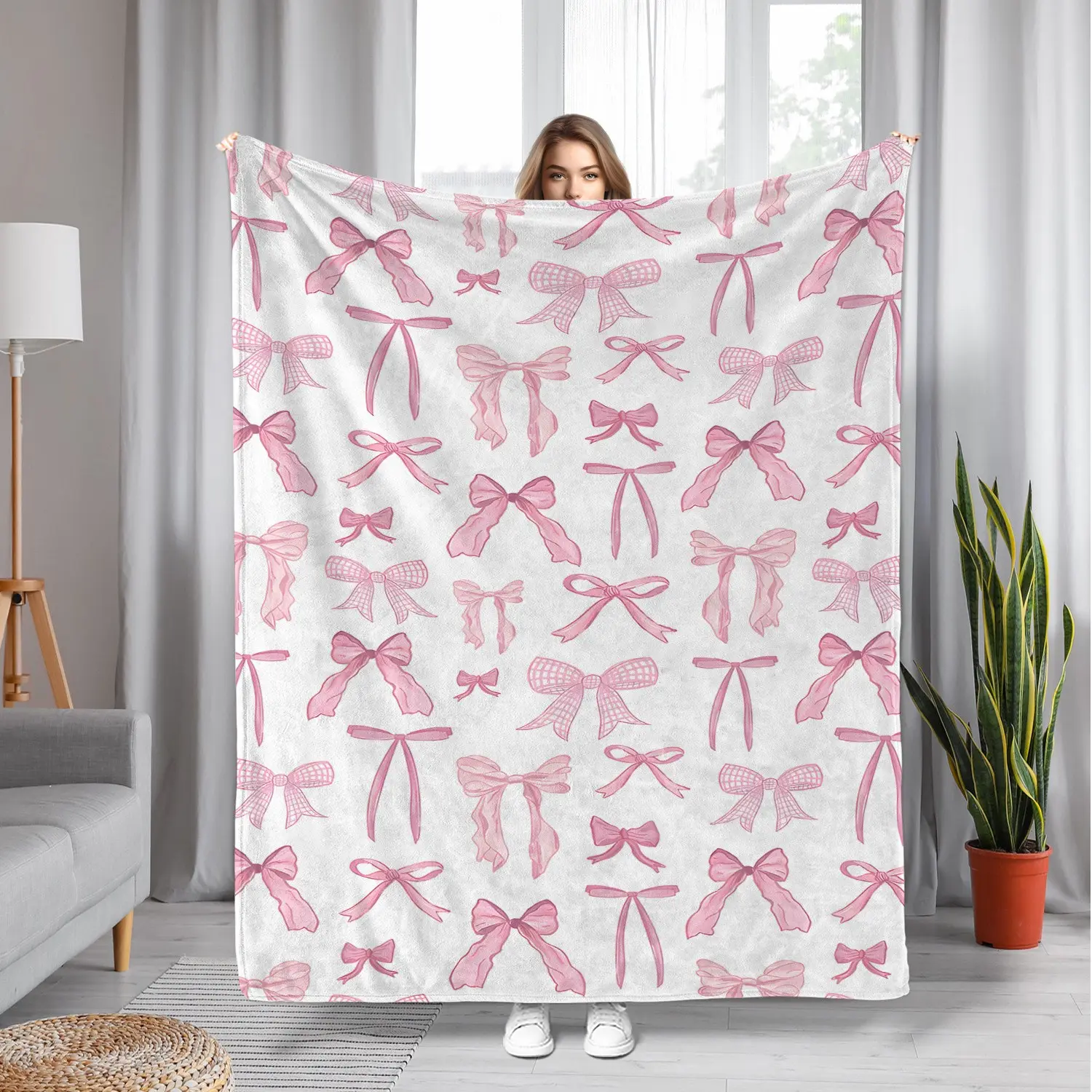 Pink bow flannel blanket, soft and skin friendly shawl blanket, lightweight aesthetic gift, perfect home decoration blanket, suitable for sofas, sofas, travel, bedrooms, ideal gift for family and friends