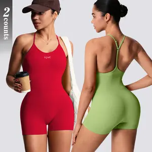 TCVC 2 PCS TCVC Seamless Ribbed Bodysuit for Women, High Waist Butt Lifting One Piece Jumpsuit, T Back Sleeveless Workout Romper for Gym Yoga Running, Suitable for Spring Summer Wear