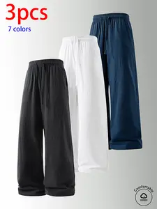 3-pack men’s pure cotton long pants: loose straight casual pants, sweatpants/joggers, featuring a drawstring waistband design. Available in multiple colors. Suitable for home lounging, daily commuting, outdoor walks, short trips, camping—versatile casual