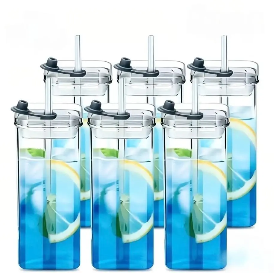 6pcs Square Glass Cups With Lids, 13oz, Perfect Coffee Cups, Include Straws, Gift For Cup Collectors, Great For Office, Home, School, And Outdoor Use, Weddings, BPA-Free