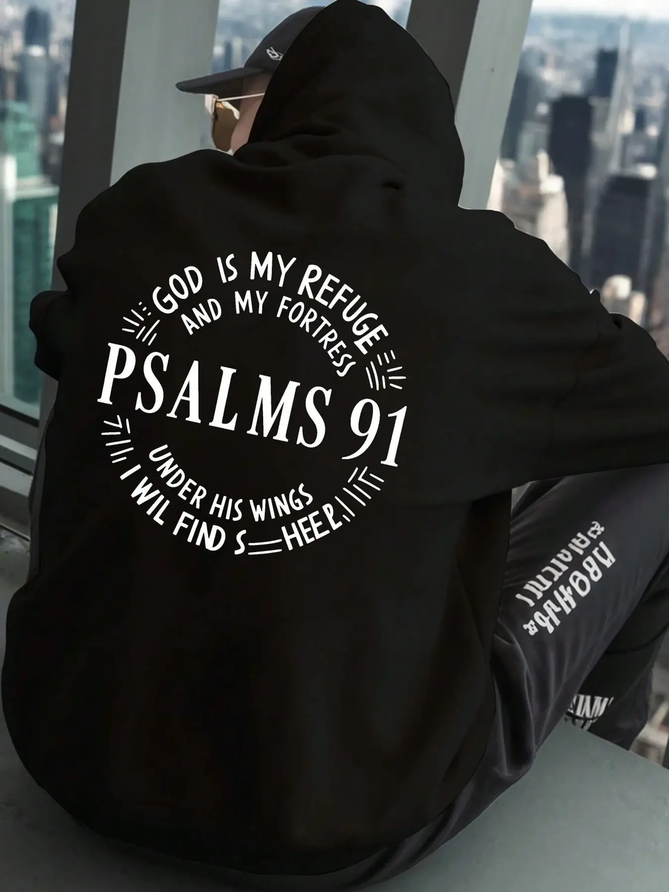 Neutral Christian Faith Psalm 91 Graphic Loose Hoodie, Motivational Religious Quote Pullover, Back Print, Thick Fleece Winter Warm, Casual Streetwear, Sweatshirts