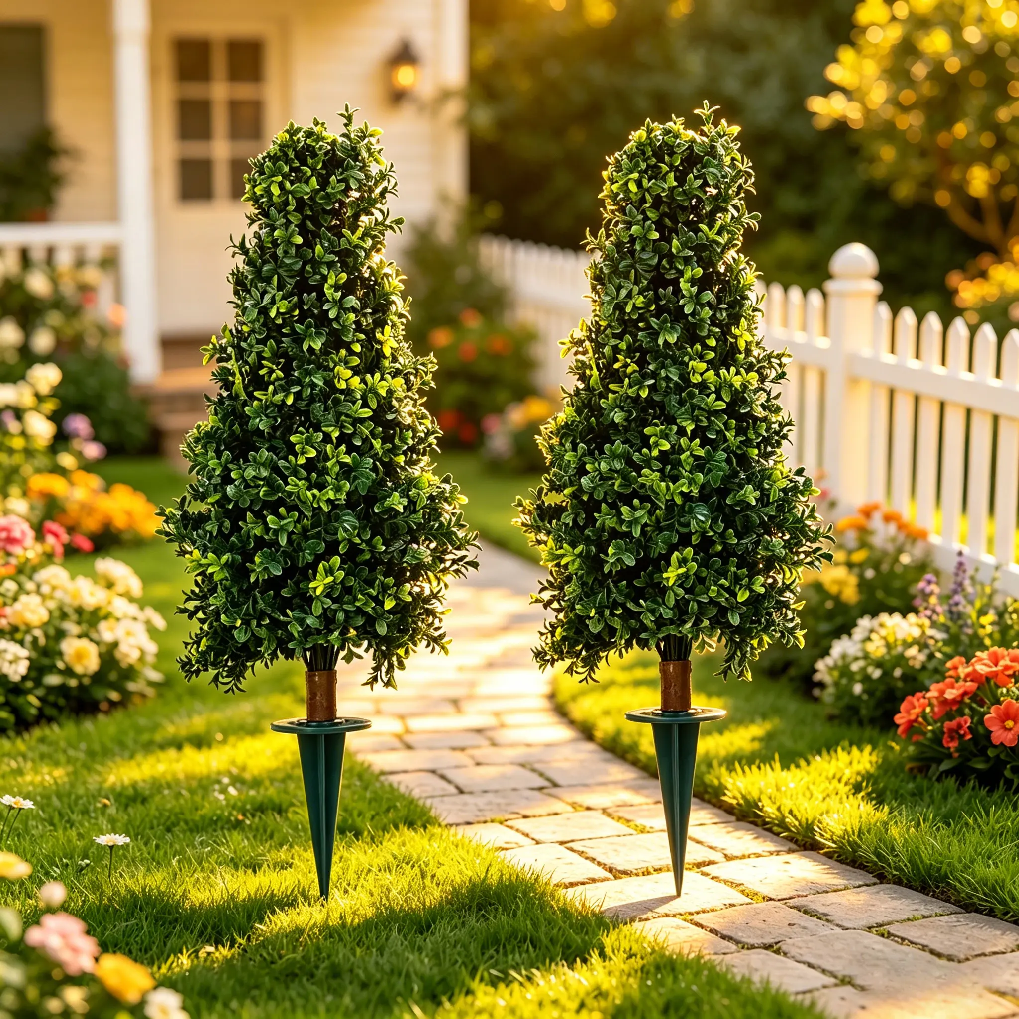 30 Inch 2 Pack Artificial Cedar Topiary Trees with Ground Spike, UV Resistant Fake Evergreen Shrubs, Realistic Faux Cypress Plants for Indoor Outdoor Front Porch Garden Yard Decor