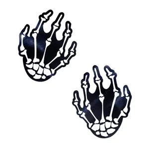 PASTEASE - Nipple Cover Pasties, Adhesive Bra, Breast Tape - Skeleton Hands: White Boney Hands on Black - Level Up Your Halloween Costume Accessory - Dimensions: 3.7” x 4.5” Diameter: 2.5 inches