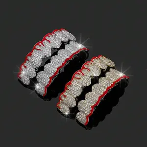2pcs/ set Hip Hop Cubic Synthetic Zirconia Bleeding Teeth Grillz, Top Bottom 8 Adjustable Teeth Grillz, Halloween Cosplay Rapper Tooth Jewelry Oral Heart Shaped Brackets Ceramic Braces Orthodontic Accessories