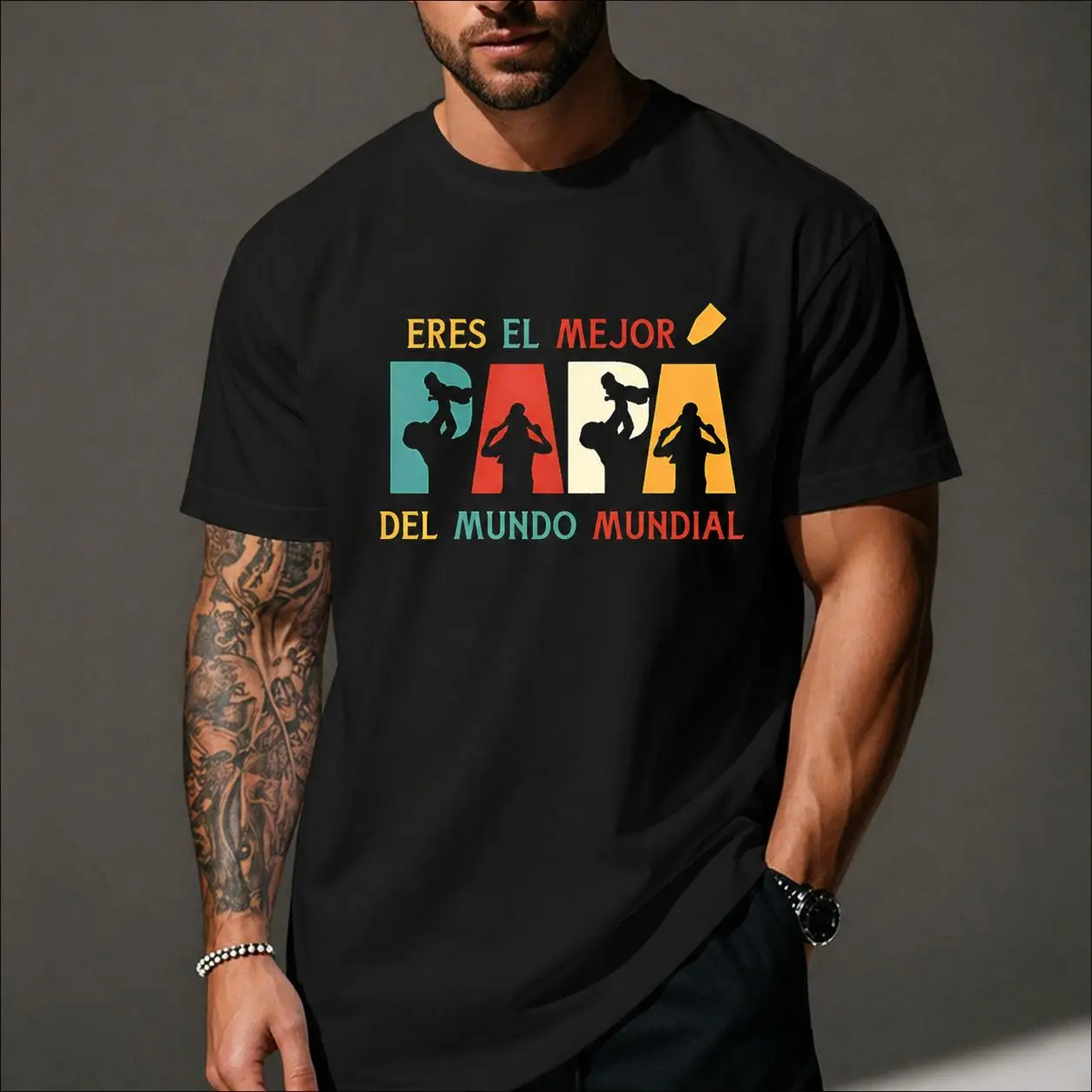 100% Cotton "Eres El Mejor Papa" Spanish Graphic Casual Short-Sleeve Breathable Men's T-Shirt, Latino Tops, Vintage Father's Day Matching Gift for Dad, Shortsleeve