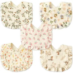 L-GCS020   5Pcs Snap Muslin Cotton Baby Drooling Bibs with Flounce Lace Absorbent Layers Soft Burp Cloths for Infant
