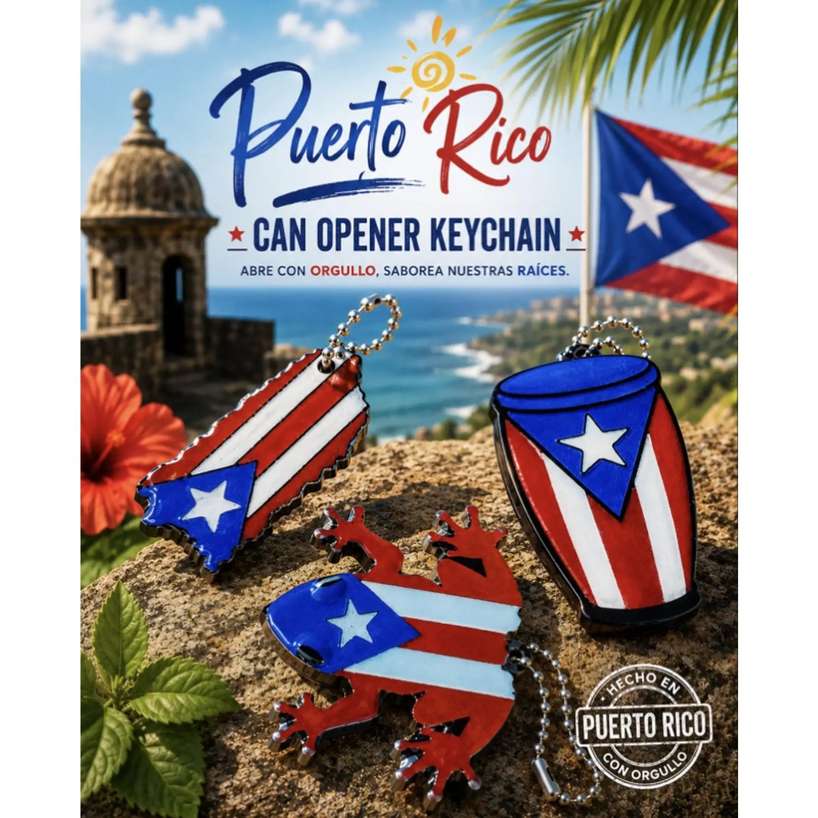 Puerto Rico Can Opener Keychain - Puerto Rican Flag Design, Portable and Convenient, Perfect for Everyday Use