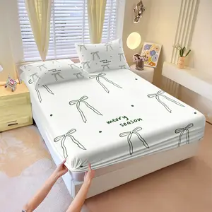 Green bow "Happy Hour" printed fitted sheet set, Includes 1 Fitted Sheet & 2 Pillowcases without Filler, simple line art print bedding, Coquette Christmas style sheet set, soft cream print bedding, stylish and versatile.