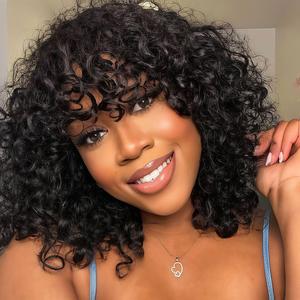ShowRealHair Short Curly Human Hair Wigs Black Color Brazilian Remy Hair Water Wave WIgs With Bangs Full Machine Made #4 Color 200% Density Wigs For Black Women Colored 99J#