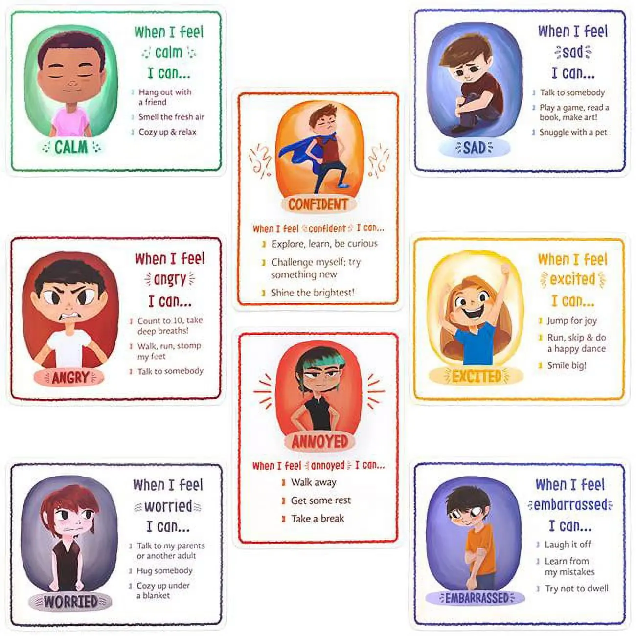 Brybelly ESUP-102 Laminate Hand-Illustrated Reversible Emotion Guide Classroom Posters - Pack of 8, Diverse Faces, Portrait-Landscape Orientation
