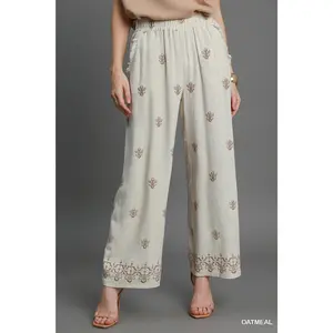 Umgee Oatmeal Linen Blend Wide Leg Pants with Detail