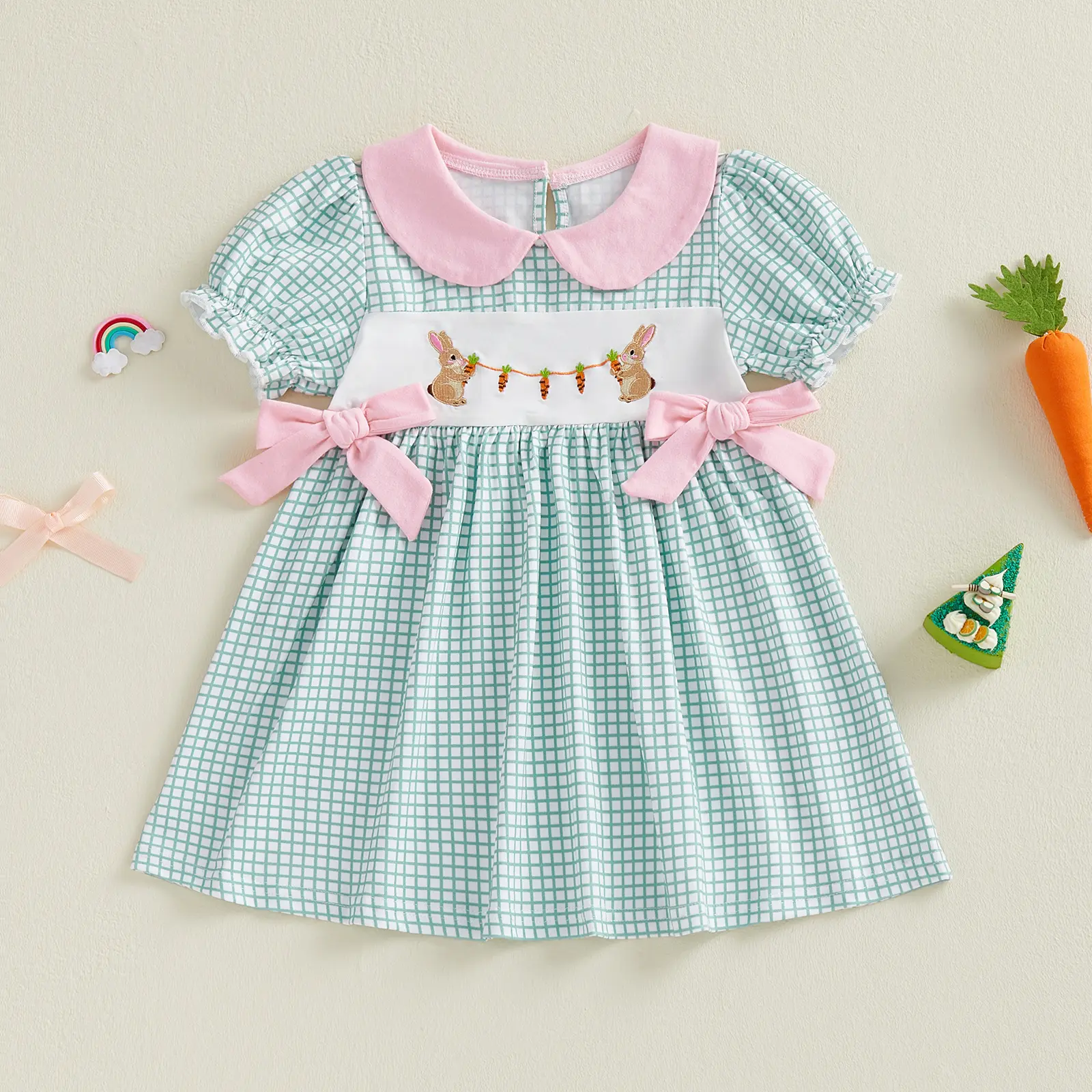 Toddler Baby Little Girl Easter Dress Loose Bows Plaid Rabbit Carrot Embroidered Doll Collar Bubble Short Sleeve Dress 1-6 Years