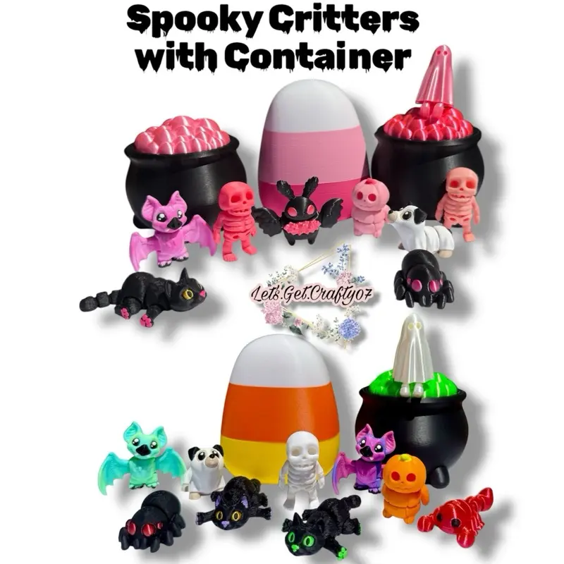 Halloween Tiny Critters with choice of Candy Corn Container, Skull Container, Pumpkin or Cauldron Container. Classic & Pink Halloween.