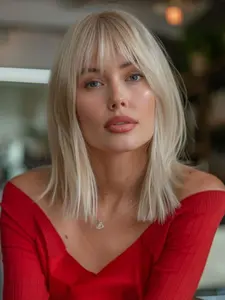 Fashionable New Champagne Blonde Medium Long Straight Wigs with Bangs and Highlights, Synthetic Women's Wigs for Ordinary Work, Life, Dance Parties and All Occasions