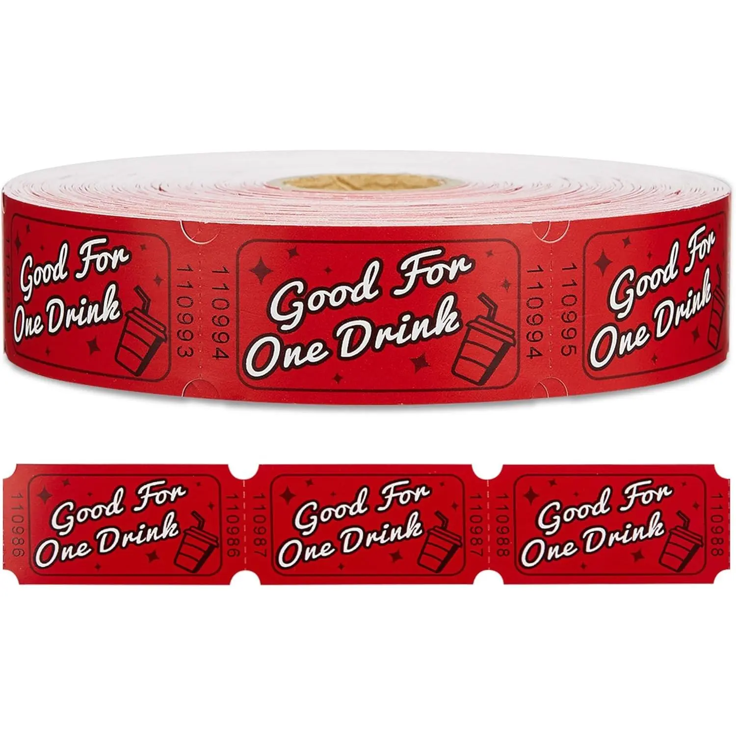 Drink Tickets for Events, Red Single Roll Raffle Ticket for Carnivals, Entry, Class Reward, Fundraiser & Prizes, Party, 1000 per Roll, Size 1 x 2 Inch