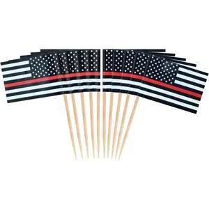 100Pcs US Thin Red Line Firefighter Toothpick Flag for US Military Day Party Events Celebration Supplies,Birthday Wedding Dinner Decorations