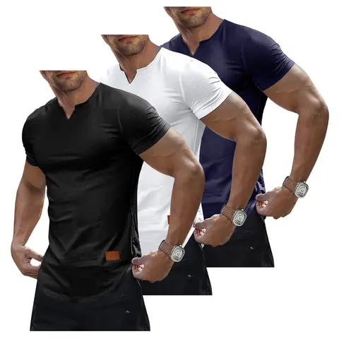 JMIERR Men's Plain Muscle Slim Fitted T Shirt Polyester V-Neck Longline Shirt Gym Workout Athletic Tee Shirts Menswear Casual Tops,Short Sleeve T-Shirt for Daily Outdoor Wear,Men's Streetwear Outfits