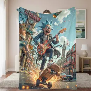 Skateboarder Flannel Blanket  Guitar Shredding Rick Print  UltraSoft  Lightweight  Warm  Perfect for Music Lovers  Skateboard Enthusiasts  Cityscape Admirers  Suitable for Living Room  Bedroom  Dorm Room  Travel.