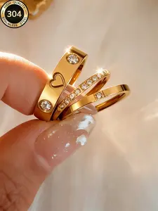 3-Piece Elegant Zircon Heart Ring Set for Women, Waterproof Stainless Steel, Perfect for Daily Wear and Holiday Gifts