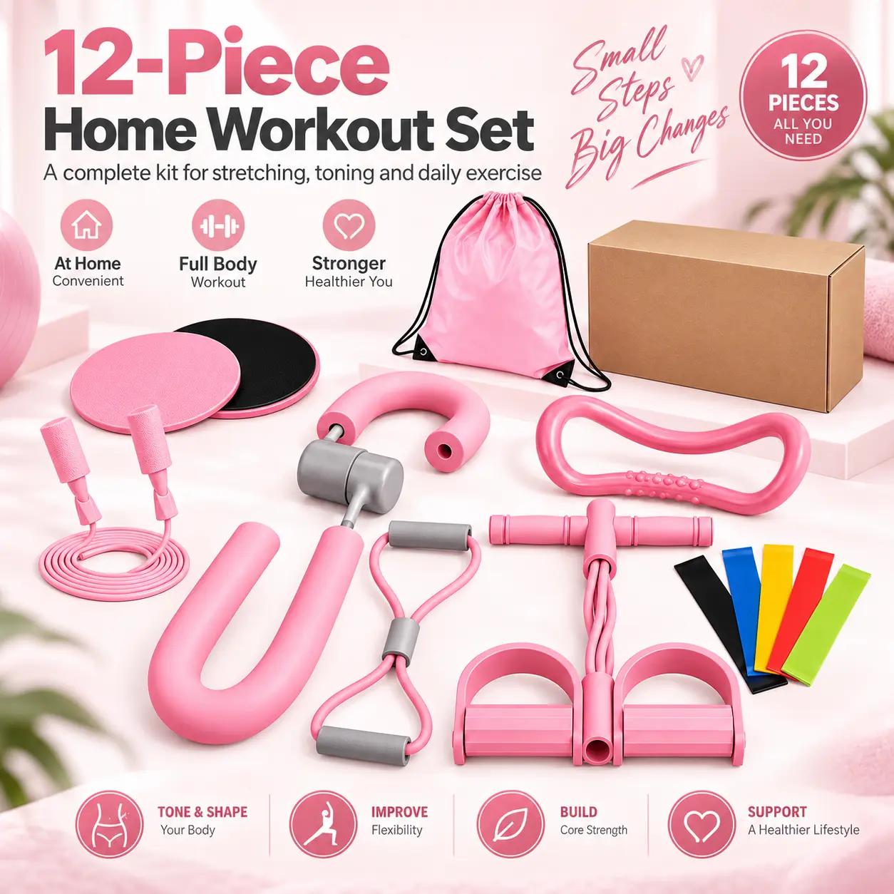 12-Piece Stackable Pilates Training Set Home Fitness, High-Quality Silicone Resistance Bands for Full-Body Strength, Stretching & Toning Legs, Glutes, Core, Arms