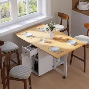 LotFun Folding Dining Table with 2 Storage Racks, Dining Table with Storage Drawer and Cabinets, 6 Wheels, Space Saving Kitchen Table for Small Spaces (51" x 32" x 20")