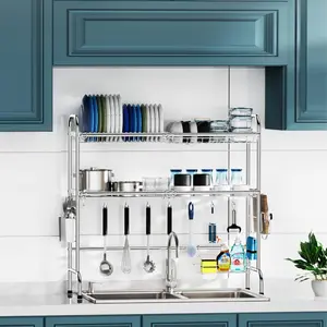 Stainless Steel Over The Sink Dish Drying Rack - 2 Tier Dish Rack Over Sink, Dish Drainer Rack with Utensil Holder and Cutting Board Holder for Kitchen Counter, Silver