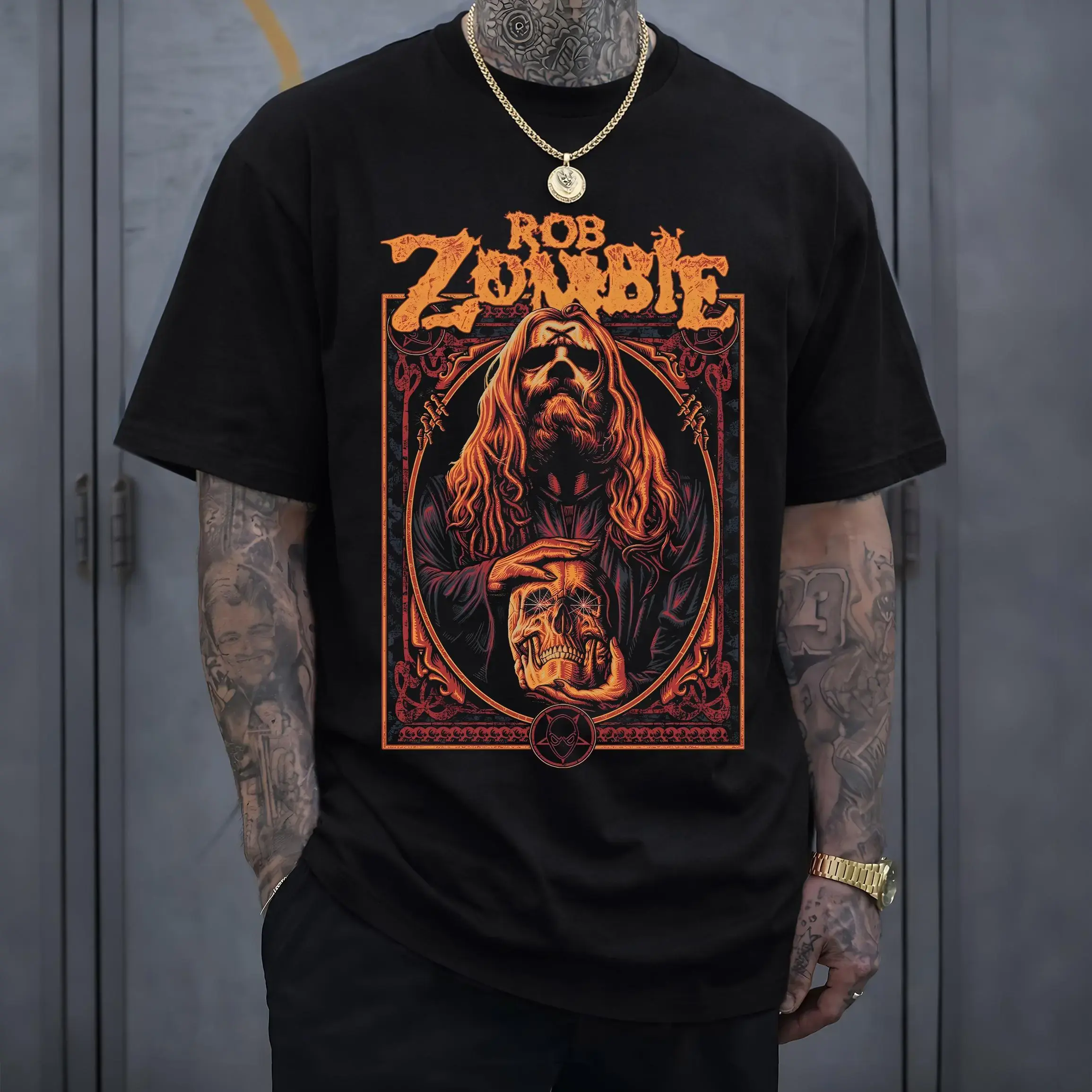 Unisex Oversized Black Cotton T-Shirt - Vintage Grunge Rob Zombie Skull Portrait, Industrial Metal Band Graphic, Breathable Casual Apparel Garment, Back to School Horror Rock Fan Gift, Retro Concert Streetwear Shortsleeve Crewneck, Orange, Menswear