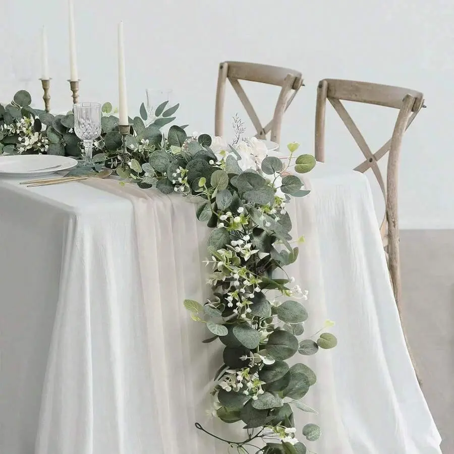 NKEN 2pcs 6FT PVC Artificial Silver Dollar Eucalyptus Garland - Plastic Vine Shape Decor with Roses, Festive Home Supplies for Hen Party, Holiday Decor (Indoors/Outdoors Use), Synthetic