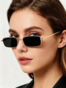 Fashion Vintage Thin Frame Small Square Trendy Casual Sun Protective Sunglasses, Metal Frame, Unisex Outdoor Vacation Travel Party Music Festival Daily Wear, Trendy Shades, Fashionable Frames Sunglasses