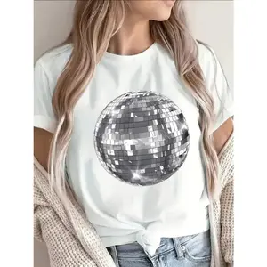 Womens Disco Ball Graphic Tee Short Sleeve Crewneck Cotton Shirt Casual Loose Fit Soft Basic Top For Summer Outfits Concert Festival Party Night Out Streetwear