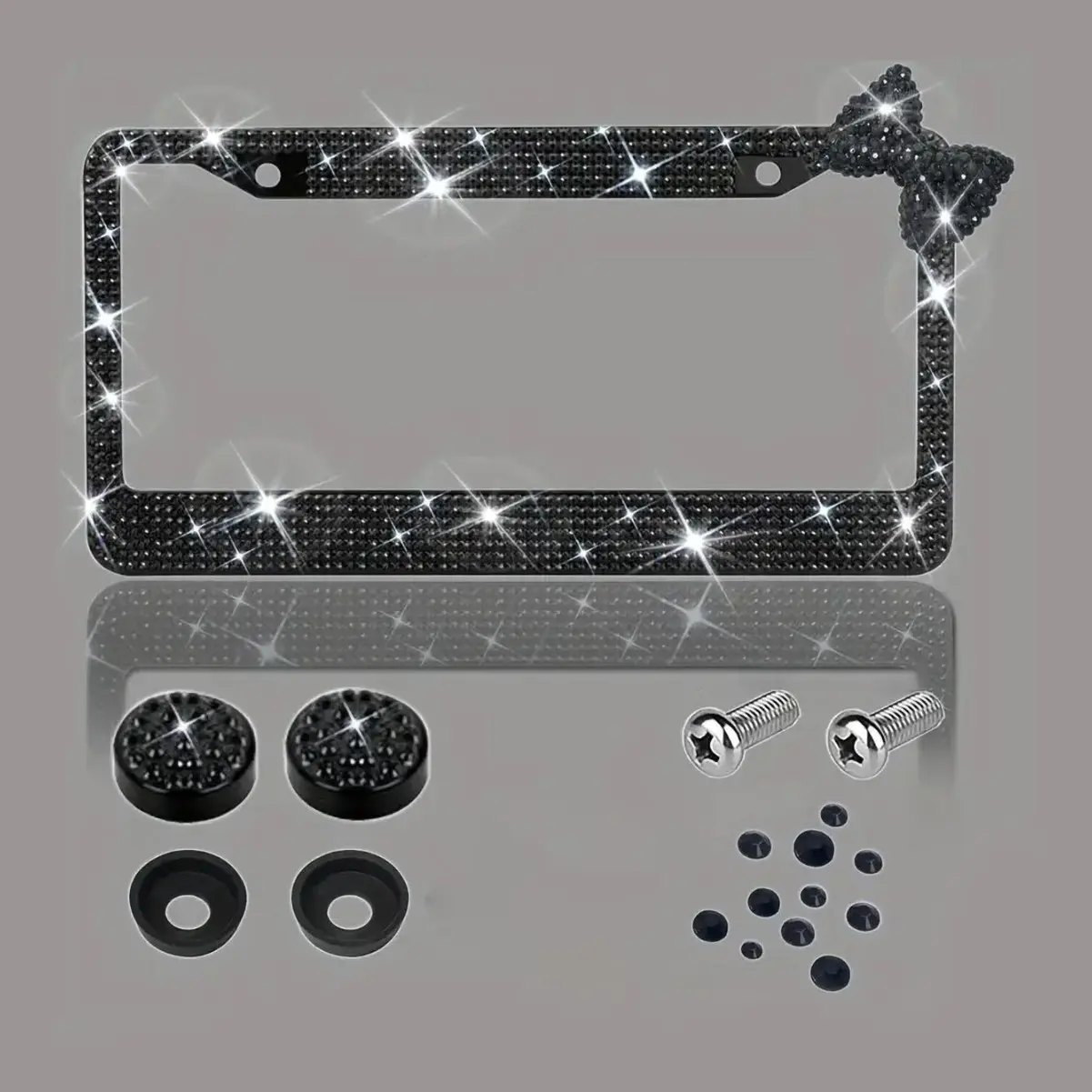 Women's Bling Rhinestone License Plate Frame - Stainless Steel Pink Girly Car Accessory, Sparkly Car Tag Cover with Pink Gift Bow, Pink Girly Car Accessories