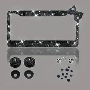 Bling License Plate Frame for Women - Sparkly Diamond Car Tag Cover with Rhinestone Crystals & Gift Bow, Stainless Steel Sparkly Car Accessories for Her (Pink Frame + Pink Bow)