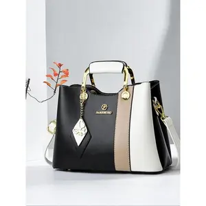 National Day Offers Women's Fashion Colorblock Patchwork Handbag, Casual Large Capacity Zipper Shoulder Bag with Butterfly Charm, Trendy Versatile High-quality Daily Commuting Bag