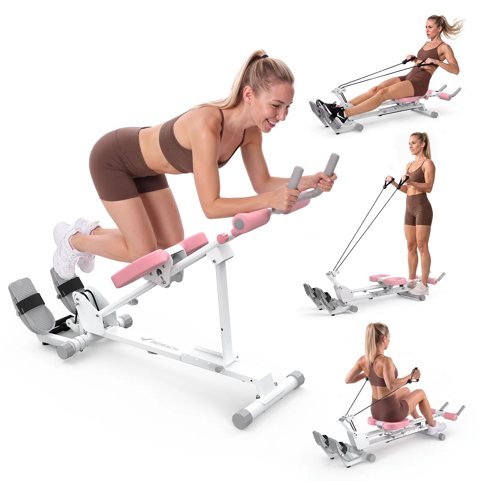 Merach 4 in 1 Ab Trainer Rowing Machine, 4 Incline & 6 Length Adjustable, 3 Elastic Rope Resistance Levels, LCD Monitor,Full Body Shaper for Arms Legs Buttocks Home Gym BackToSchool