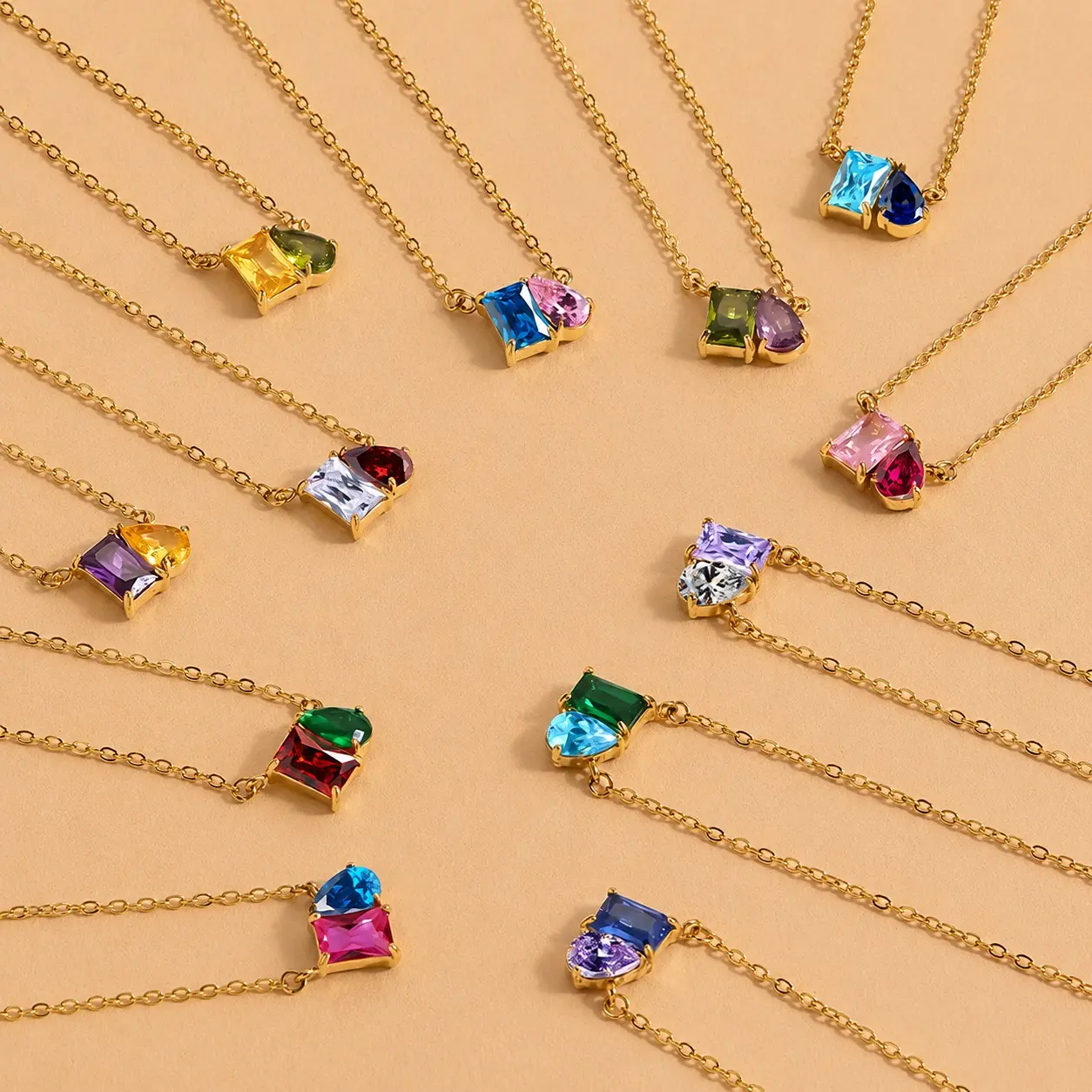 Women's Birthstone-Inspired Gold-Tone Costume Necklace, 2-Stone Pendant with Rectangular & Pear-Shaped Zircon-Style Stones, Delicate Gift Jewelry