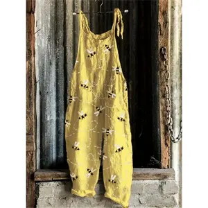 Casual]YellowSleevelessWomen'sCasualOveralls|BeePrintJumpsuitwithPockets|PolyesterFabric,LooseFitforSpring/Summer