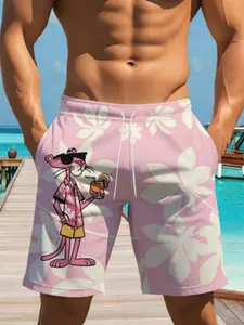 Men's Beach Shorts with Leopard Cartoon Print, Elastic Waist, Side Pockets, Washable, Perfect for Summer Pool and Outdoor Activities, Swimwear Shorts