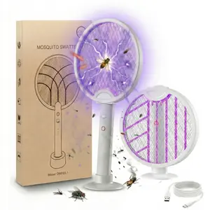 Foldable Electric Fly Swatter Racket, 2 in 1 Smart Bug mosquito Zapper for Mosquitoes and Flies, with USB Rechargeable Base, Suitable for Home, Bedroom and Kitchen【outdoorfun】