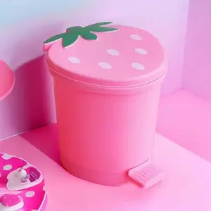 Car Strawberry Plastic Trash Can, Mini Desk Cartoon Wastebasket, Foot Pedal Trash Bin for Kids, Kawaii Strawberry Room Organizer
