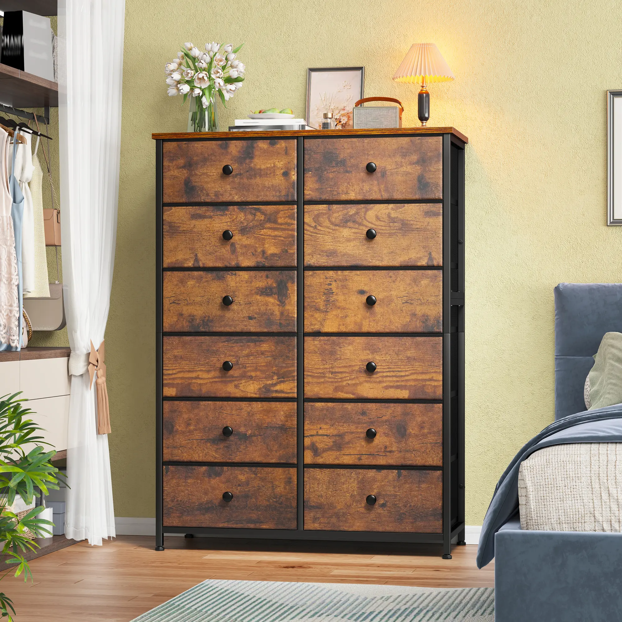 Homkdom 12 Drawers Tall Dresser for Bedroom, 52.2''H  Dressers & Chests of Drawers with Wooden Tabletop, Metal Frame, Dressers for Bedroom, Hallway, Closet, Sweet Gift for Her Valentine's/Birthday