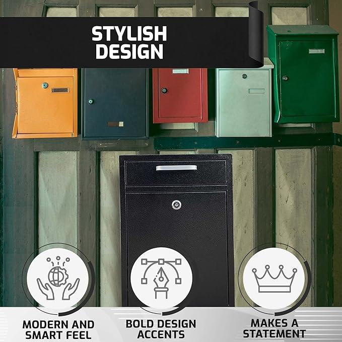 VORVIL Locking Mailbox Wall Mount - Galvanized Steel Mailbox with Keys for Outdoor - Secure Modern Design Large Drop Box for House & Office