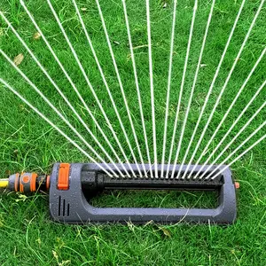 Plastic automatic oscillating sprinkler with 19 adjustable holes, universal connector, battery-free operation, suitable for watering gardens, yards and lawns.
