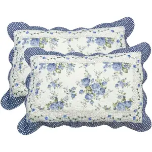 2-Piece Boho Cotton Quilted Bed Pillow Shams Floral Printed Patchwork Pillow Shams Set Standard Size (510 Blue, 20"x28")