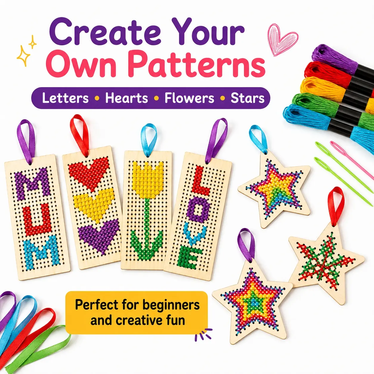 8Pcs DIY Wooden Bookmark Cross Stitch Kit, Embroidery Craft Set with Porous Wood Boards, Needles, Color Threads & Ribbons, Handmade Hanging Pendant Bookmarks for Beginners, Kids Crafts, Home Decor, Christmas Gifts & Art Projects