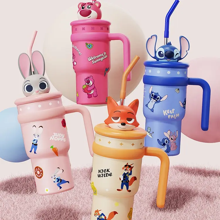 MINISO Disney Series Plush Ice King Vacuum Insulated Tumbler - 700ml, Zootopia Nick & Judy 3D Character Lid, Cute Exterior, Portable Insulated Bottle, Holiday Gift Drinkware