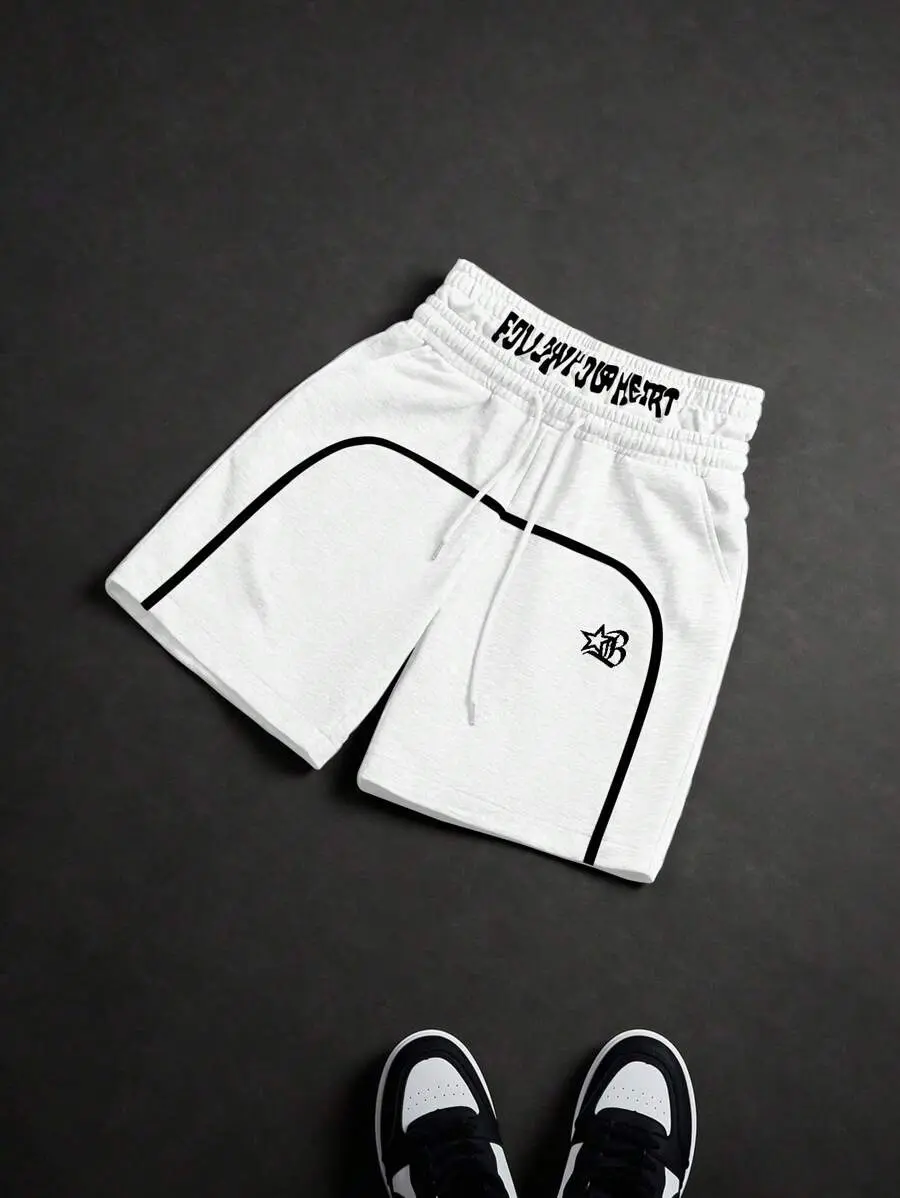 VYNCE Men's Casual White Shorts Letter Print Drawstring Track Shorts
